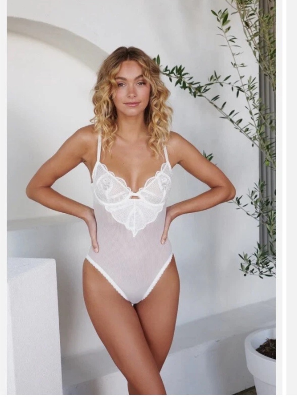 White Lace-Trim Sheer Bodysuit - Women's Intimates